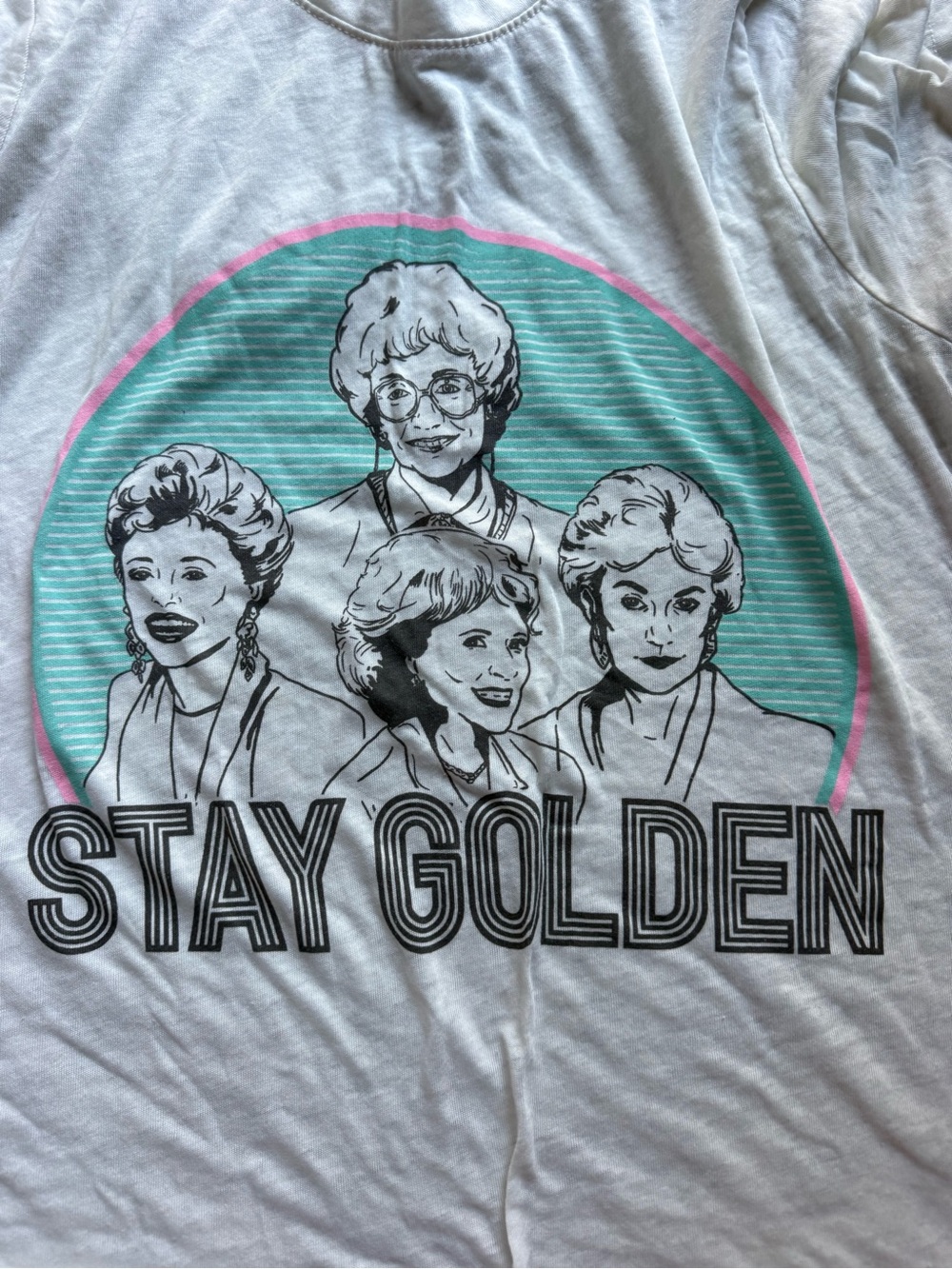 AB Studio White Tee with Mint and Pink Retro Graphic